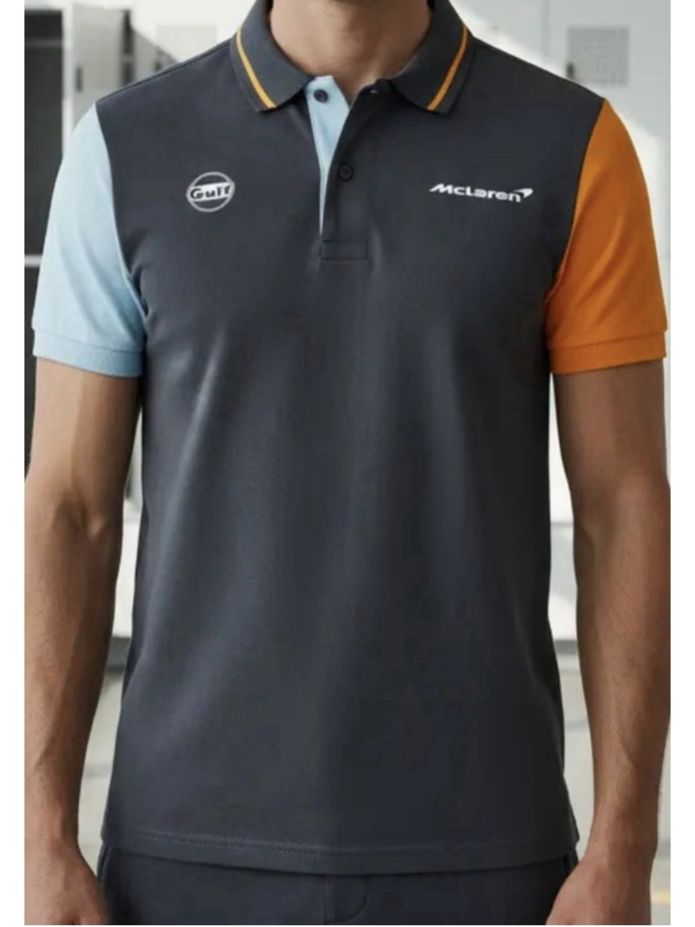 McLaren F1 Team Gulf Colour Block Polo Shirt Men’s M Grey Orange Blue Racing